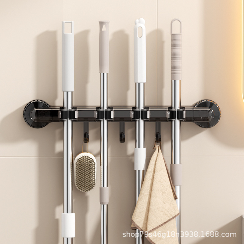 Wall-mounted four-clamp mop rack, powerful suction cup mop rack, multi-purpose hook hanging rack for kitchen and bathroom, household storage rack pic 19