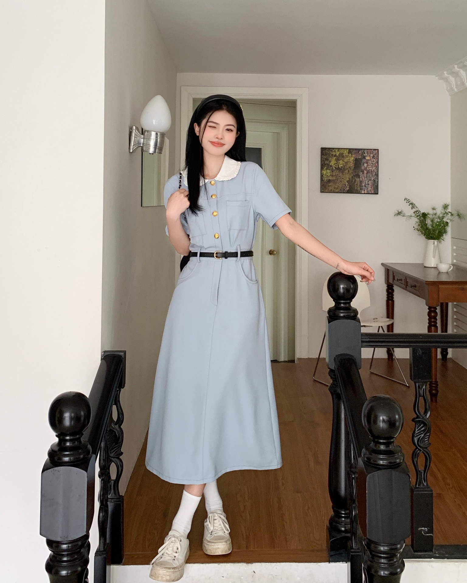 大码女装胖mm百搭娃娃领连衣裙2023夏季新款休闲收腰韩版高级裙子详情19
