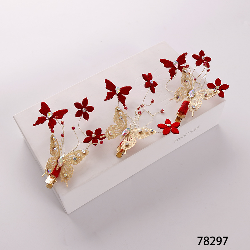 New large red hair clips from Japan and South Korea, Chinese-style bride headwear, wedding toasting attire, with diamond-encrusted butterfly-shaped clip accessories at the side pic 15