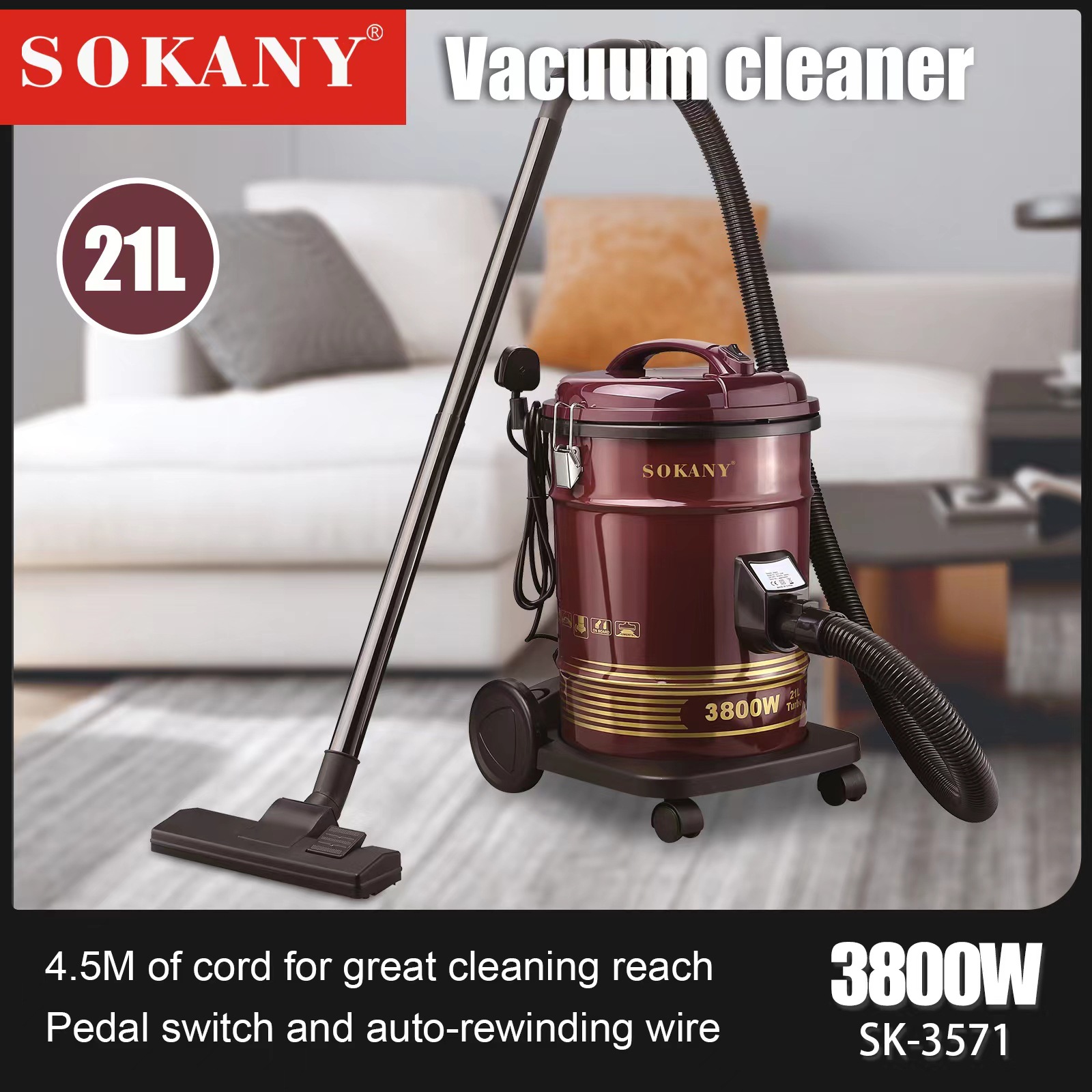 Cross-border SOKANY3571 household vacuum cleaner 21L Large capacity and high power wired dust removal and cleaning vacuum cleaner pic 2