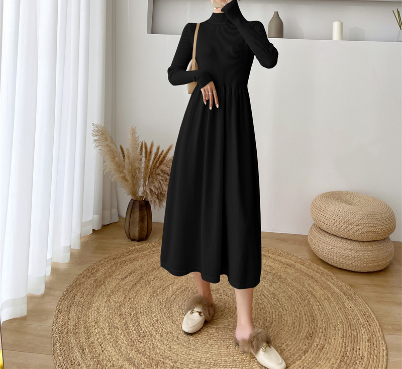 Semi-high neck mid-length elegant woolen dress, new autumn/Winter 2024 Korean-style long-sleeved base knitted dress for women pic 48
