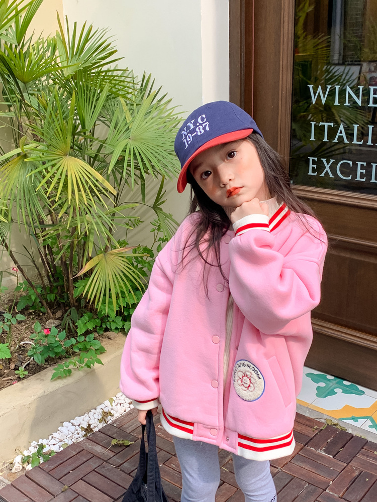 TCkids2022AW Autumn/Winter Edition fleece thickened embroidered label pink baseball jacket pic 10