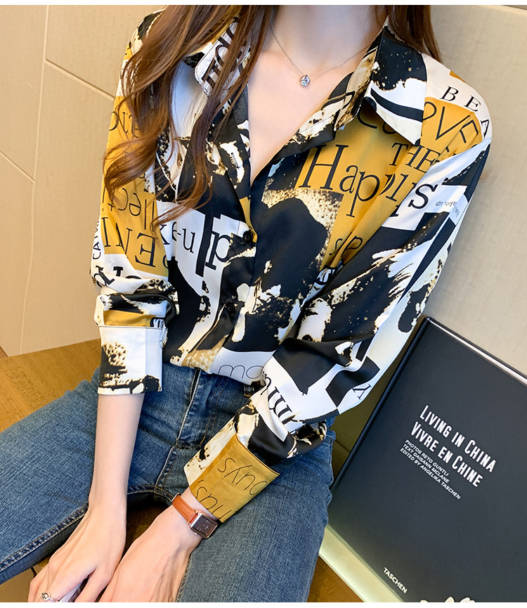 Hong Kong-style printed shirt for women, a niche design, a new 2020 early autumn style, stylish and retro Hong Kong-style chiffon long-sleeved top pic 9