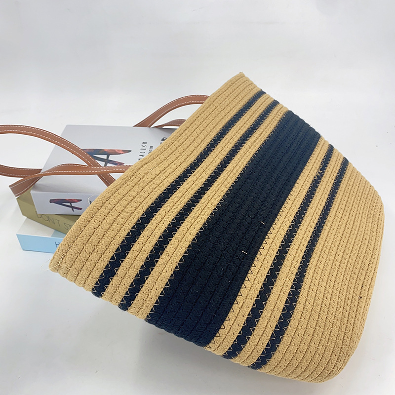 批发编织束口手提包复古休闲拼色手提夏季海边沙滩度假包女详情7