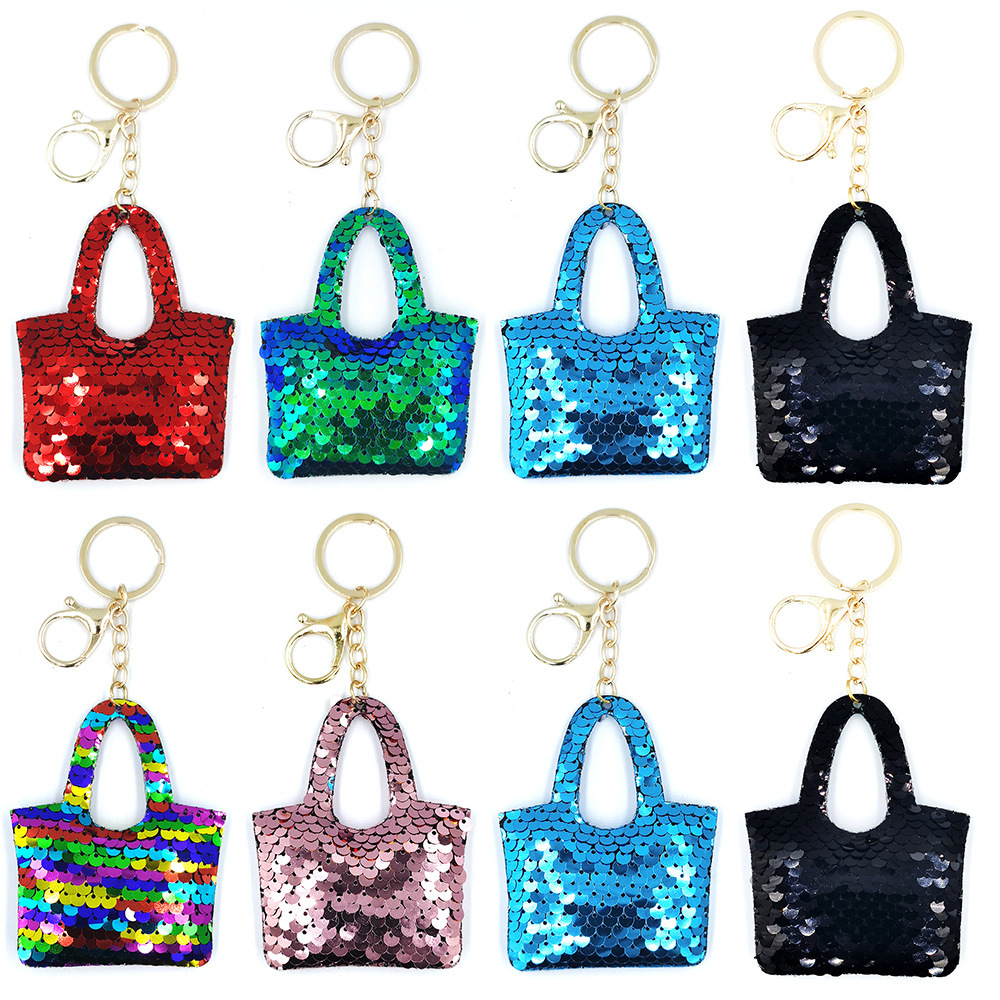 Reflective double-sided sequin bag, three-piece set, key chain, sequin car pendant, small pendant decoration, clothing accessories and accessories pic 1
