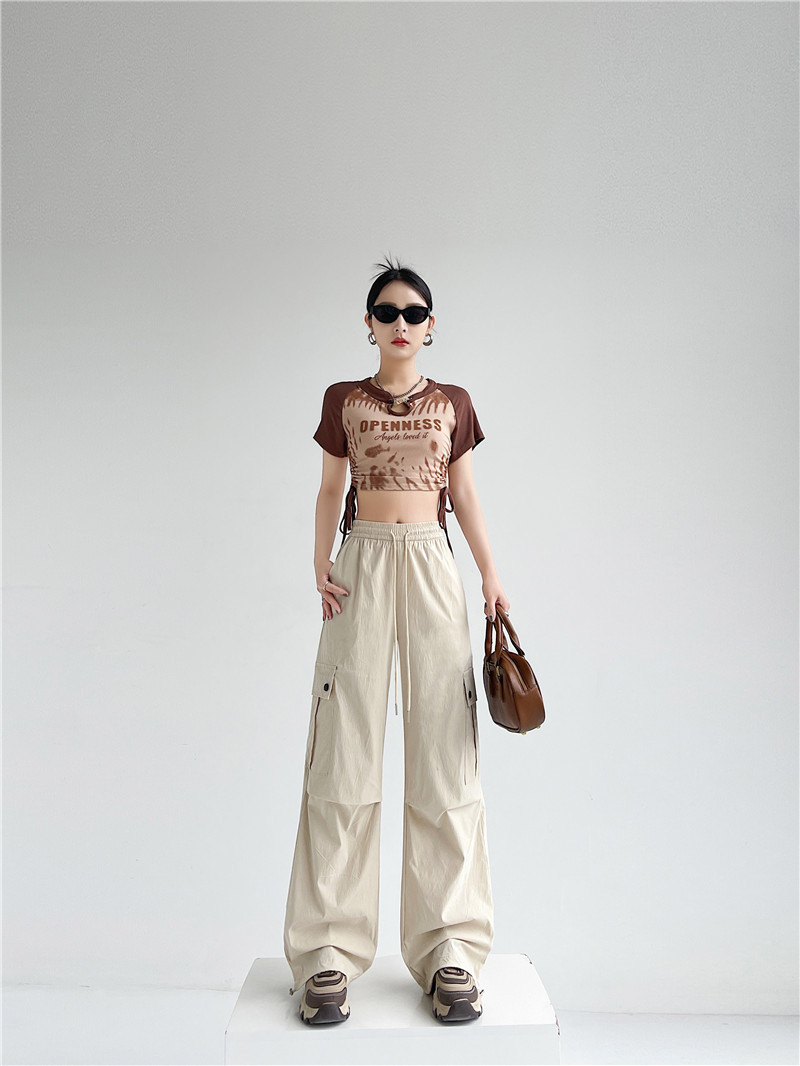 2024抽绳束脚工装休闲裤女春夏薄款设计感褶皱宽松美式长裤子详情15