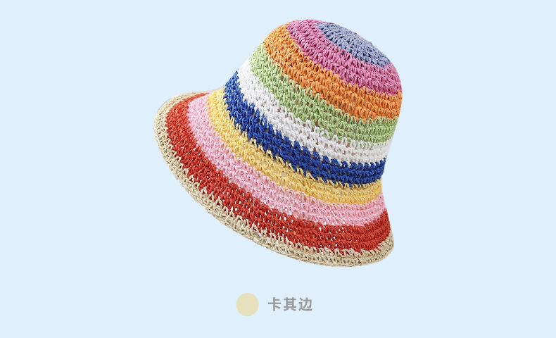 夏季韩国遮阳帽海边防晒帽子女小清新编织渔夫帽彩虹手工草帽详情10