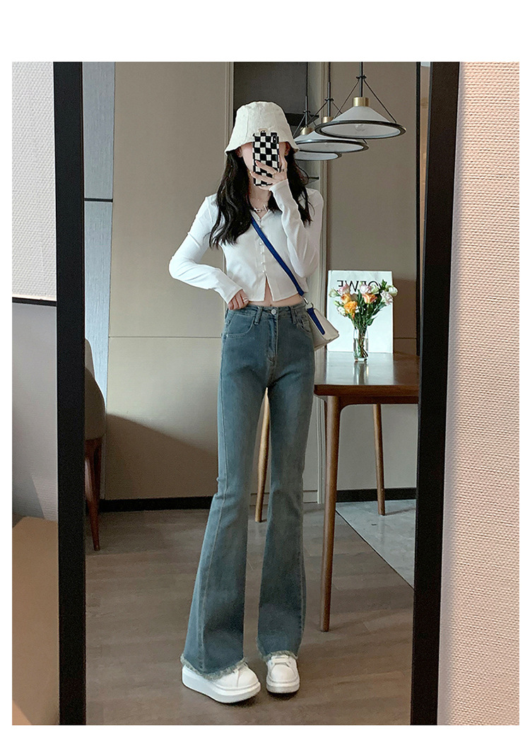 韩版复古高腰毛边微喇裤女2024秋季新款弹力修身显瘦喇叭牛仔裤子详情11