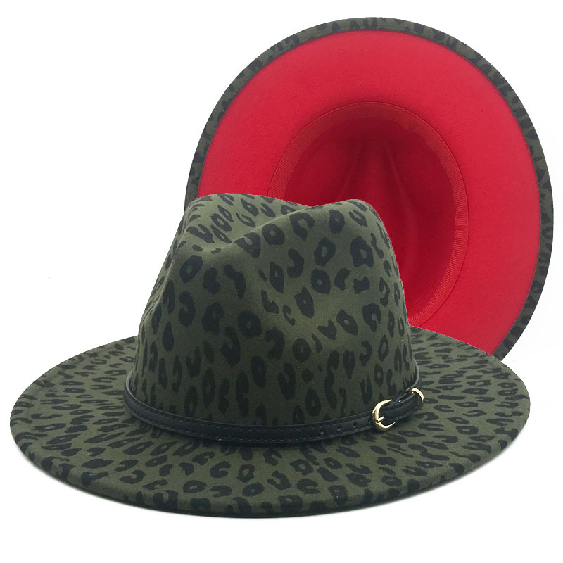 Leopard print color-blocked top hat, wide-brimmed jazz hat, black belt, woolen felt hat, leopard print bright red top hat pic 1