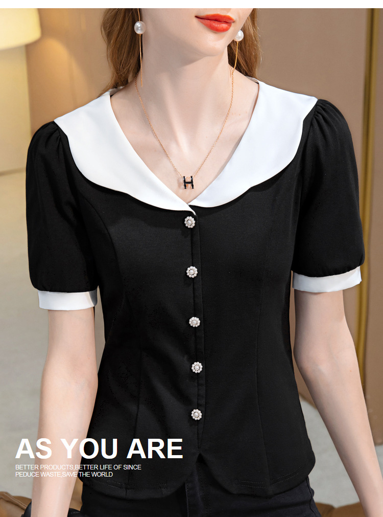 短袖t恤女2022新款女装时尚撞色v领棉体恤减龄娃娃领收腰扣子上衣详情16