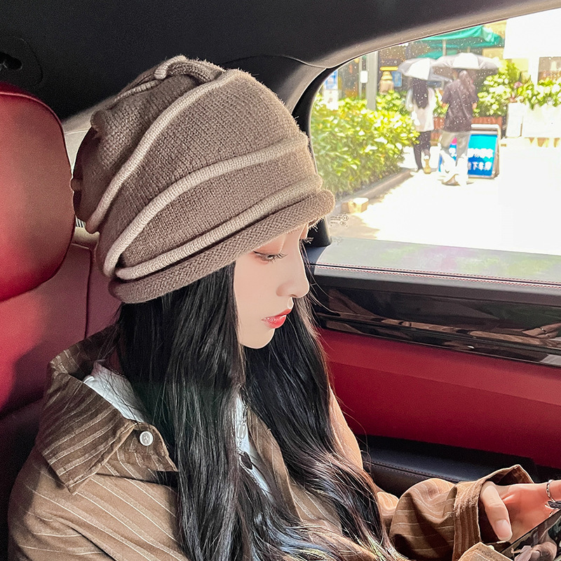 Sombrero lunzi primavera otoño stretch slim cara pequeña bolsa sombrero versión coreana cabeza grande wrap rizado heap heap sombrero invierno caliente sombrero frío mujer pic 6