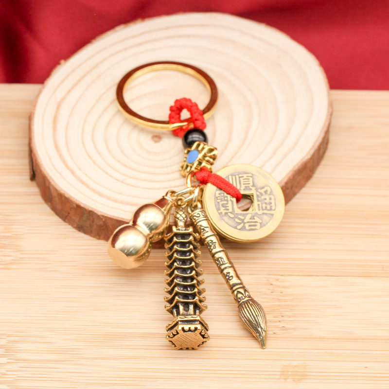 Pure brass Five Emperors Coin keychain pendant, Golden list success, Wenchang pen, retro style nine-story Wenchang Pagoda pendant wholesale pic 4