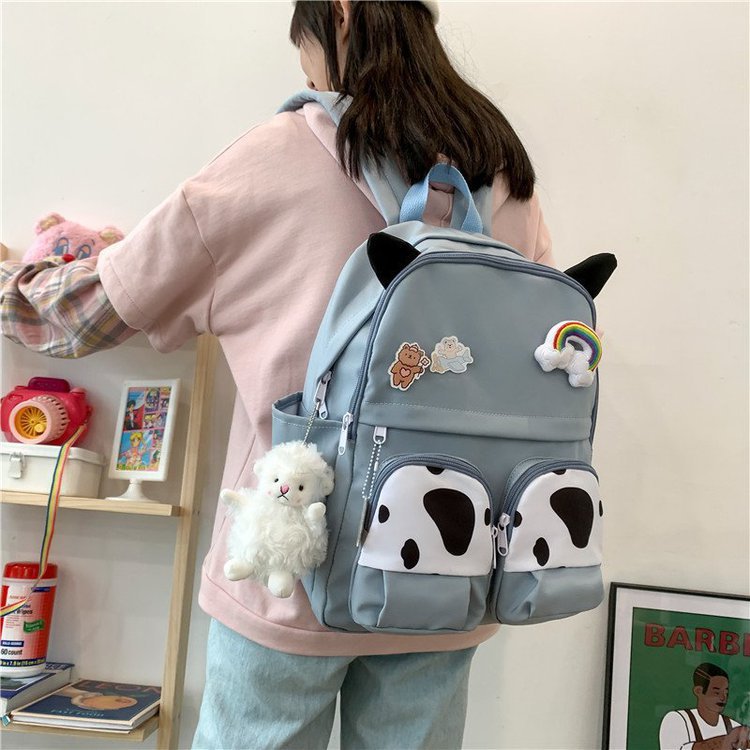 Japanese-style ins campus school style, fresh and cute, cute cow with earbuds, soft girl schoolbag, funny student backpack pic 107