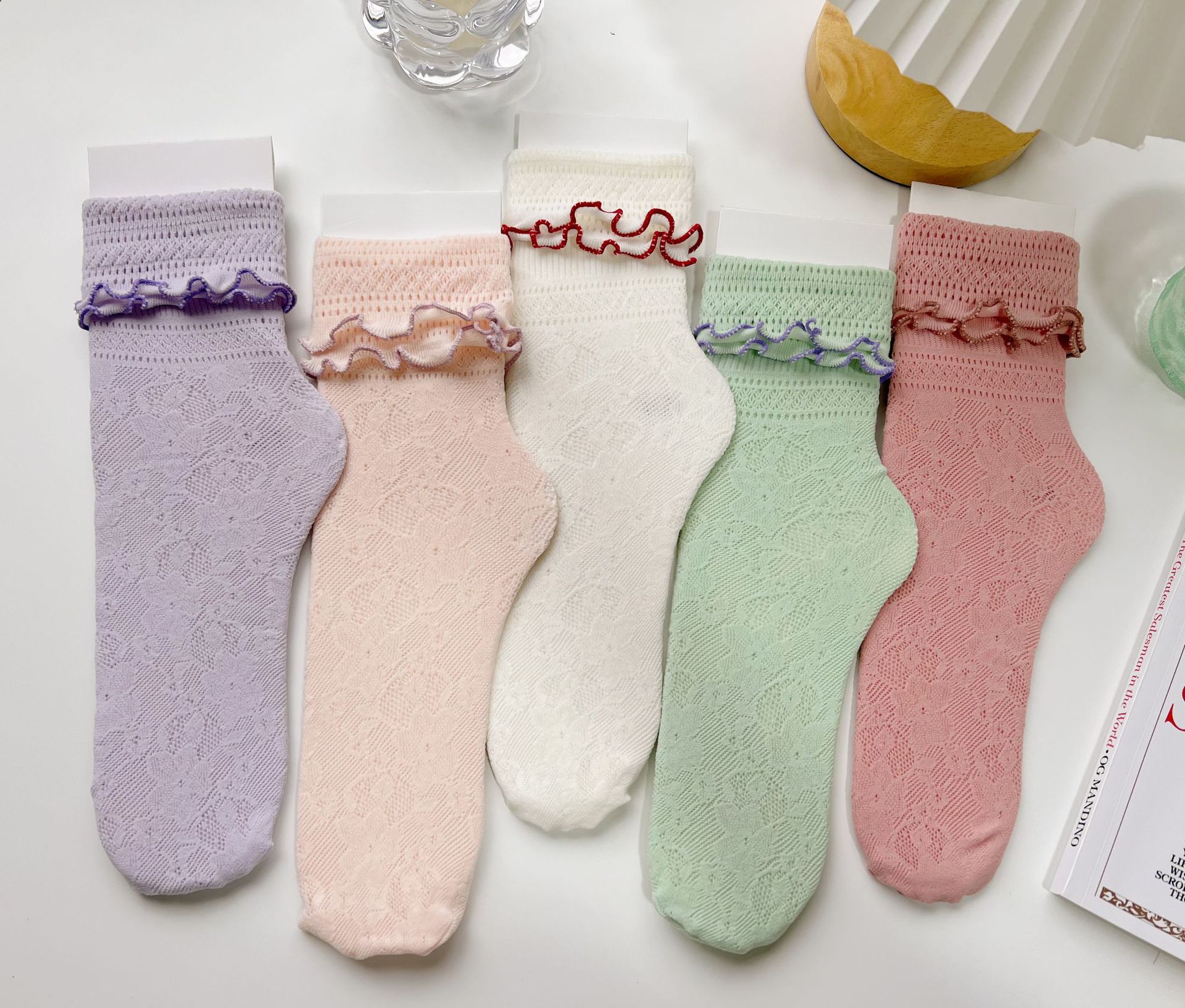 Spring and Summer new collection: cream puffs, Japanese style, cute and girlish, lace cutout short socks, mesh pile socks, two pairs of jk socks pic 5