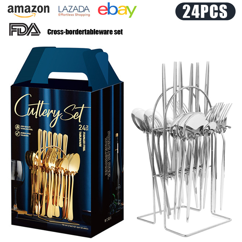 跨境热销葡萄牙不锈钢刀叉24件套餐具套装礼盒装镀钛金色西餐勺子详情14