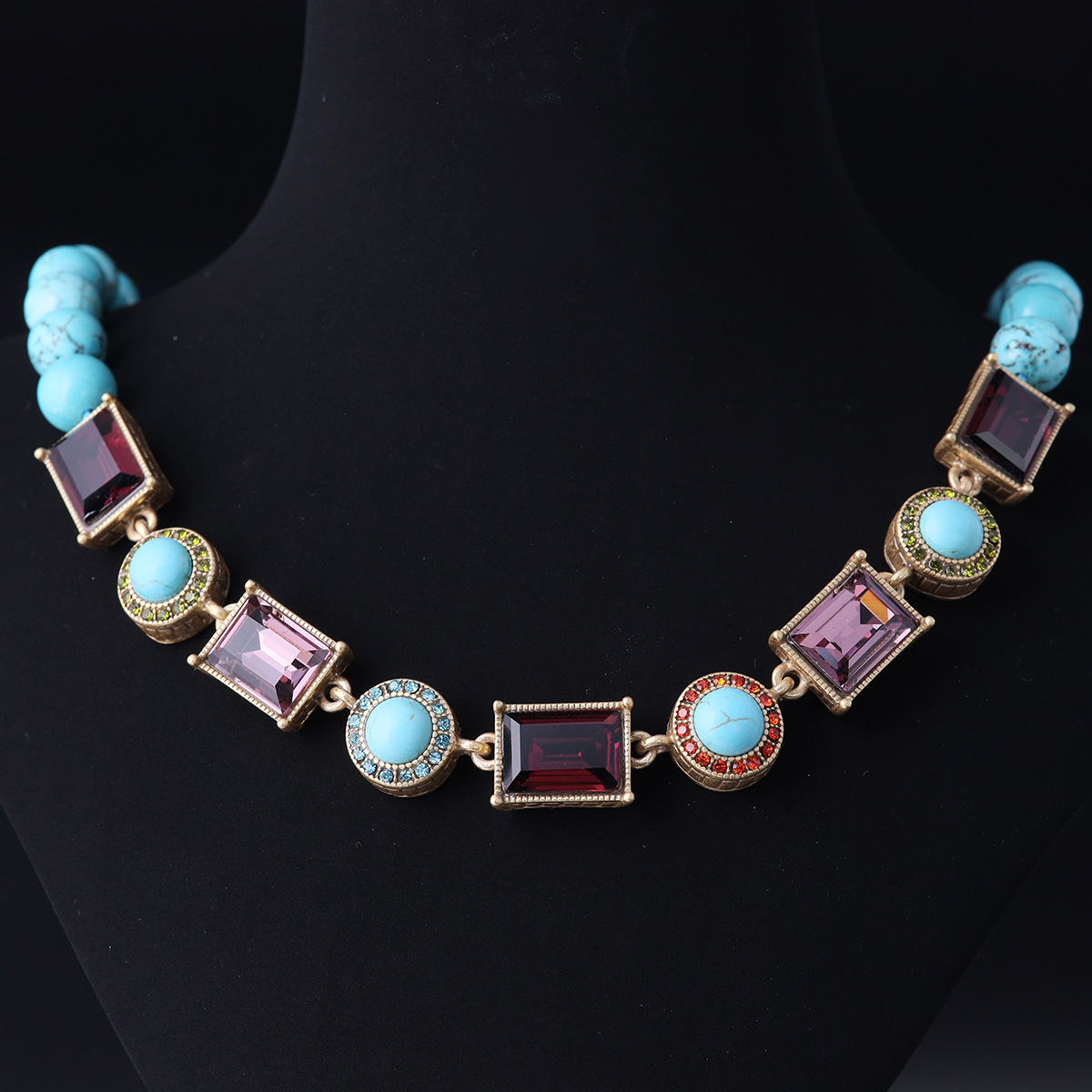 中古vintage高级感时尚小众设计青岛工厂批发莱茵石绿松石项链女详情2