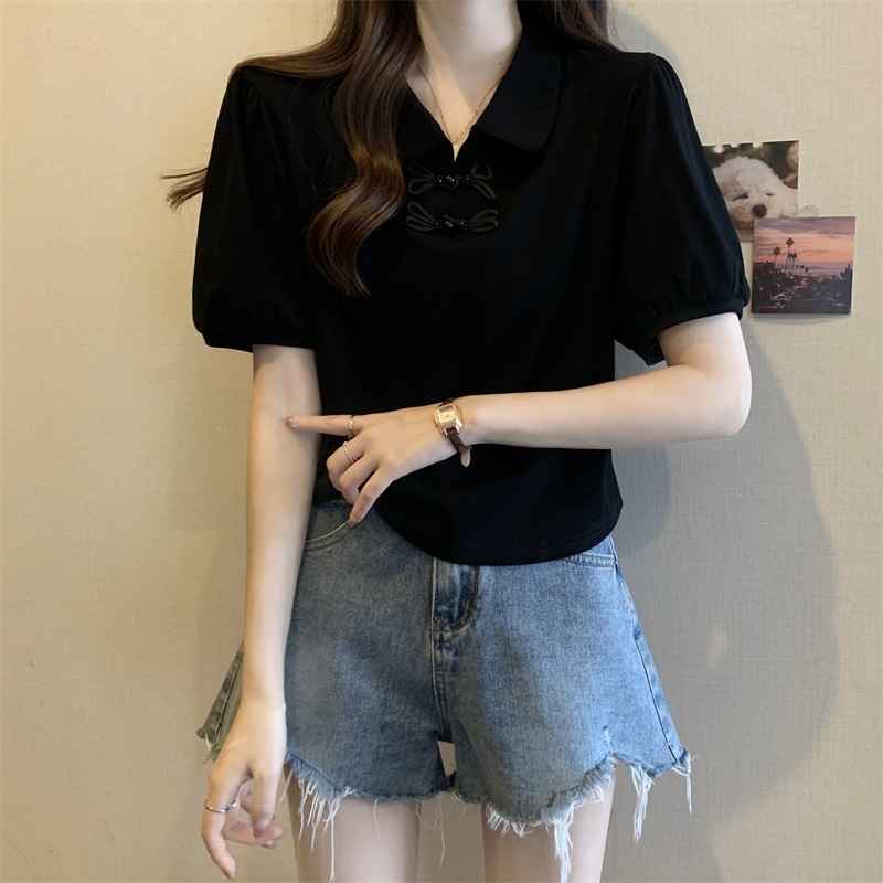 正肩Polo领短袖T恤女夏季大码胖mm显瘦新中式国风上衣泡泡袖小衫详情18