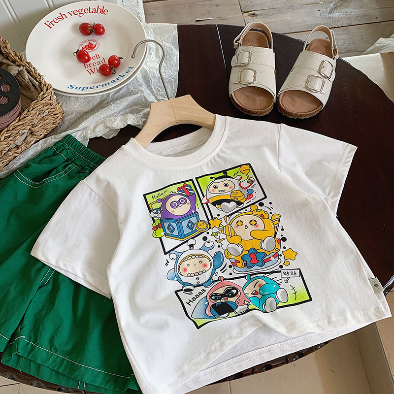 Niño camiseta verano 2024 nuevo niño niño korean versión algodón manga corta bebé dibujos animados lindo casual top pic 18