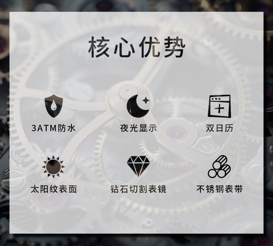 Miboni男士手表男时尚商务夜光防水日历钢带石英腕表非机械表1615详情3