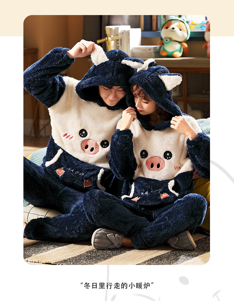 长毛绒冬季卡通情侣加厚加绒睡衣女帽子外穿法兰绒套装男士家居服详情17