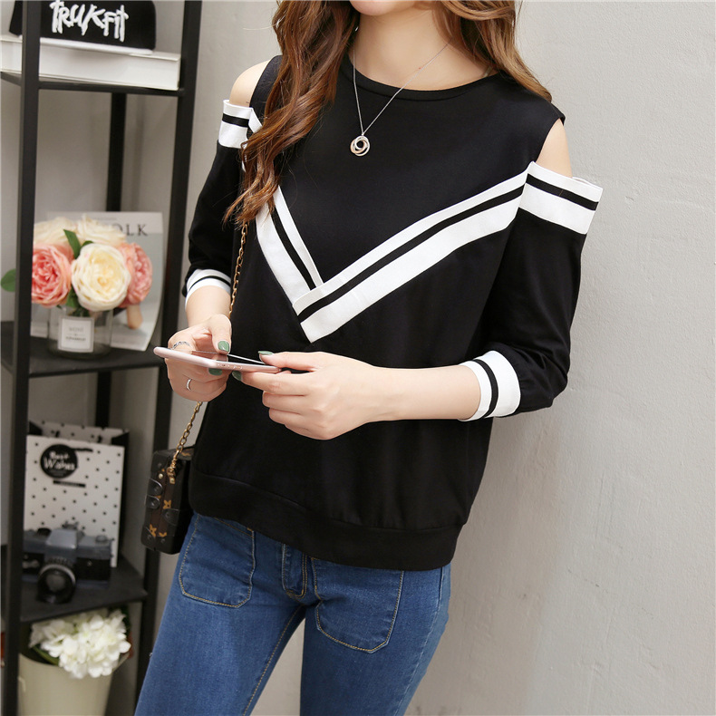 Spring and Autumn new versatile T-shirt for women, 7-inch sleeved off-the-shoulder long-sleeved sexy half-sleeved top pic 19
