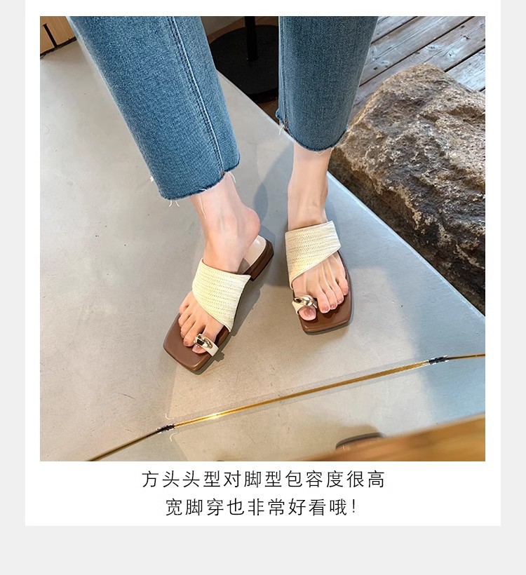 葡萄妈夏季新款度假风金属夹脚气质方头草编织套趾凉拖鞋女外穿详情23
