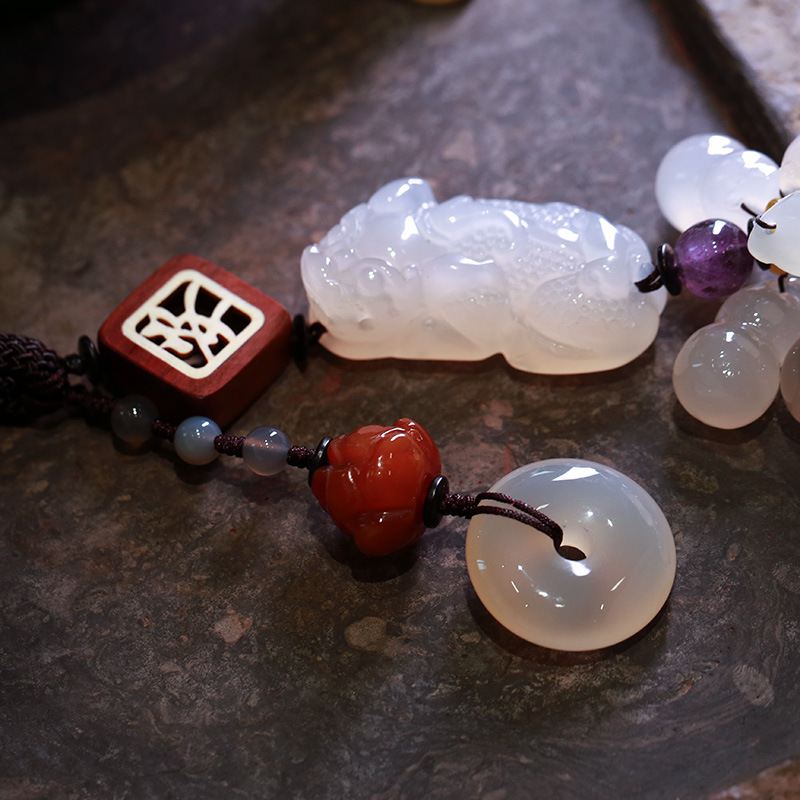 Natural white chalcedony PI Xiu chalcedony gourd car pendant for men and women, creative car rearview mirror interior decoration, exquisite car pendant pic 10