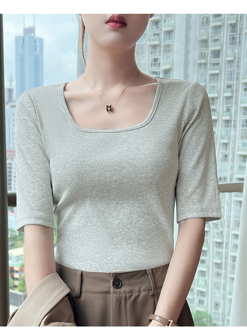 This 2023 autumn new slimming and elegant base layer T-shirt is versatile for daily use, fitted, simple and stylish, with a square neck and mid-sleeved shirt for women pic 13