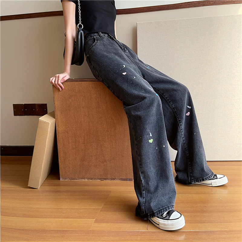 The new Korean style high-waisted straight-leg loose, slimming, wide-leg black floor-length jeans for women in spring and summer are trendy pic 9