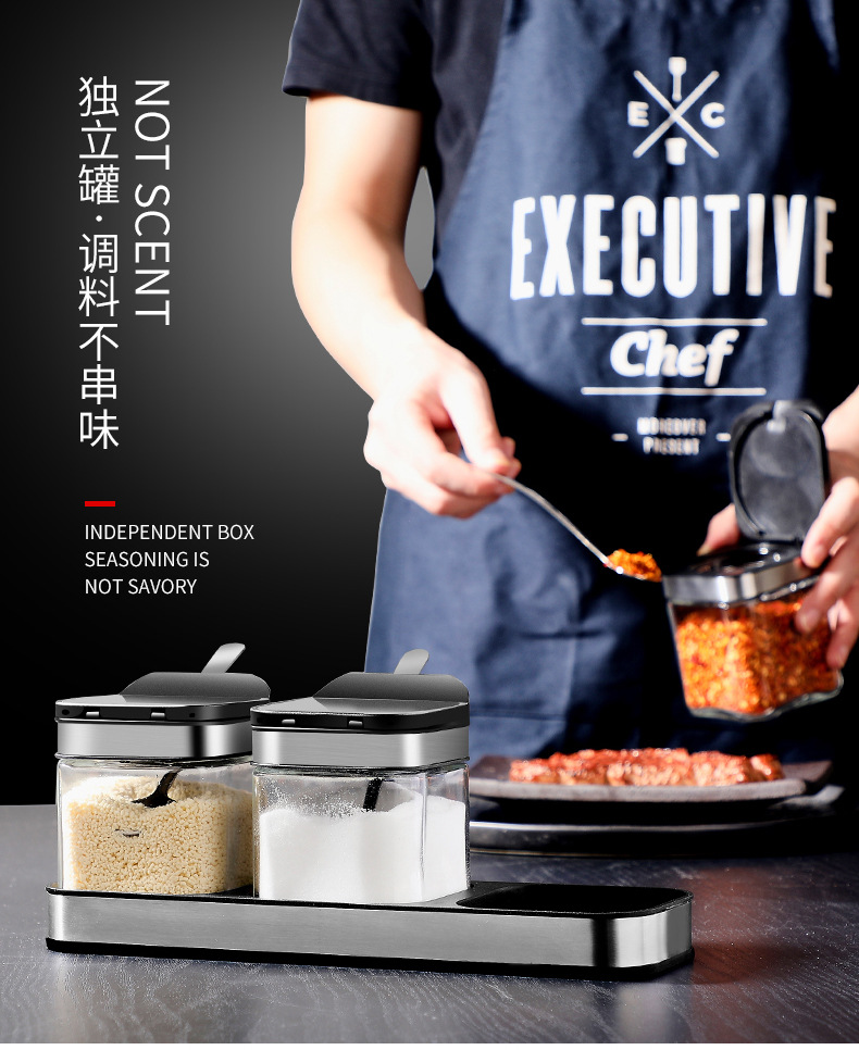 New product direct supply from the manufacturer: 304 stainless steel seasoning jar three-piece set, creative kitchenware glass seasoning box set pic 3