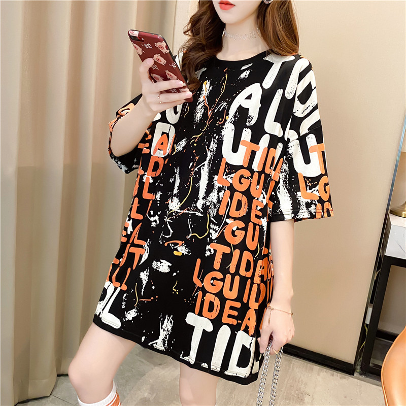 Mid-length short-sleeved T-shirt for women, 2021 new summer Instagram trendy Korean style loose large-sized student graffiti top pic 13