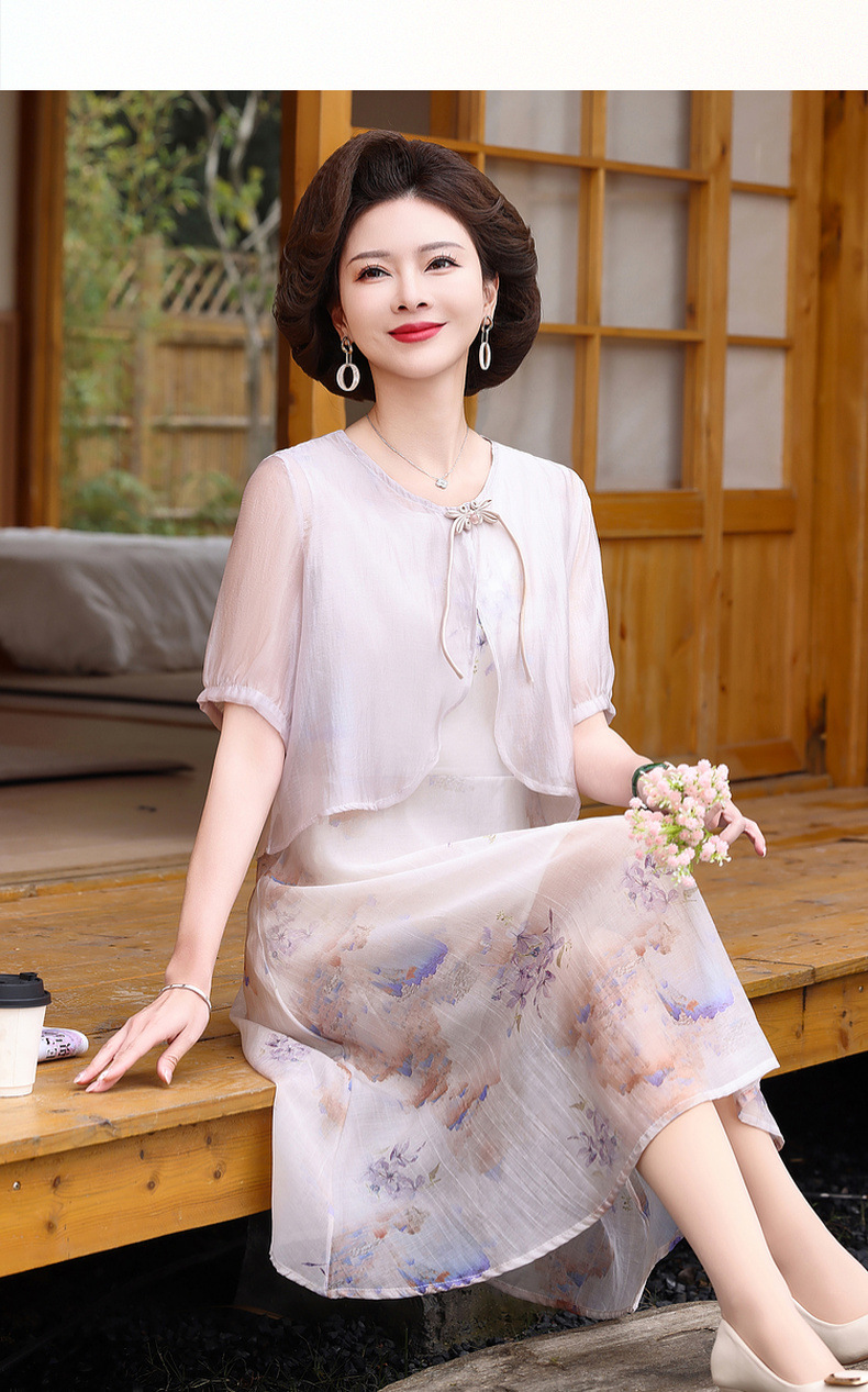 年轻妈妈装时尚两件套连衣裙40岁50中老年女士气质遮肚薄雪纺裙子详情14