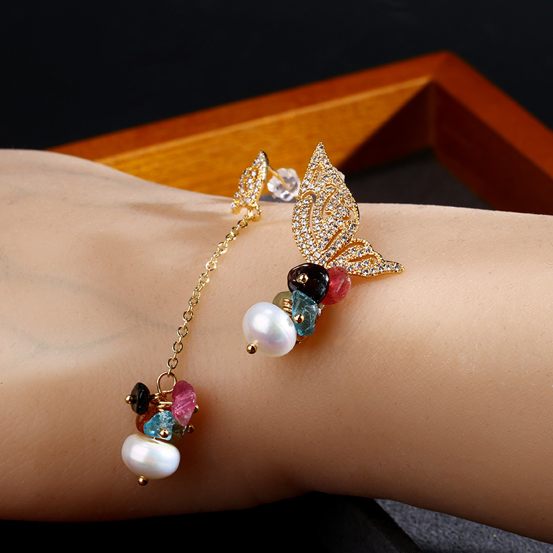 Rainbow Micro Light Retro Series 14k gold-plated Earrings for Women, Natural Tourmaline Pearl Butterfly Asymmetrical Retro Earrings pic 10