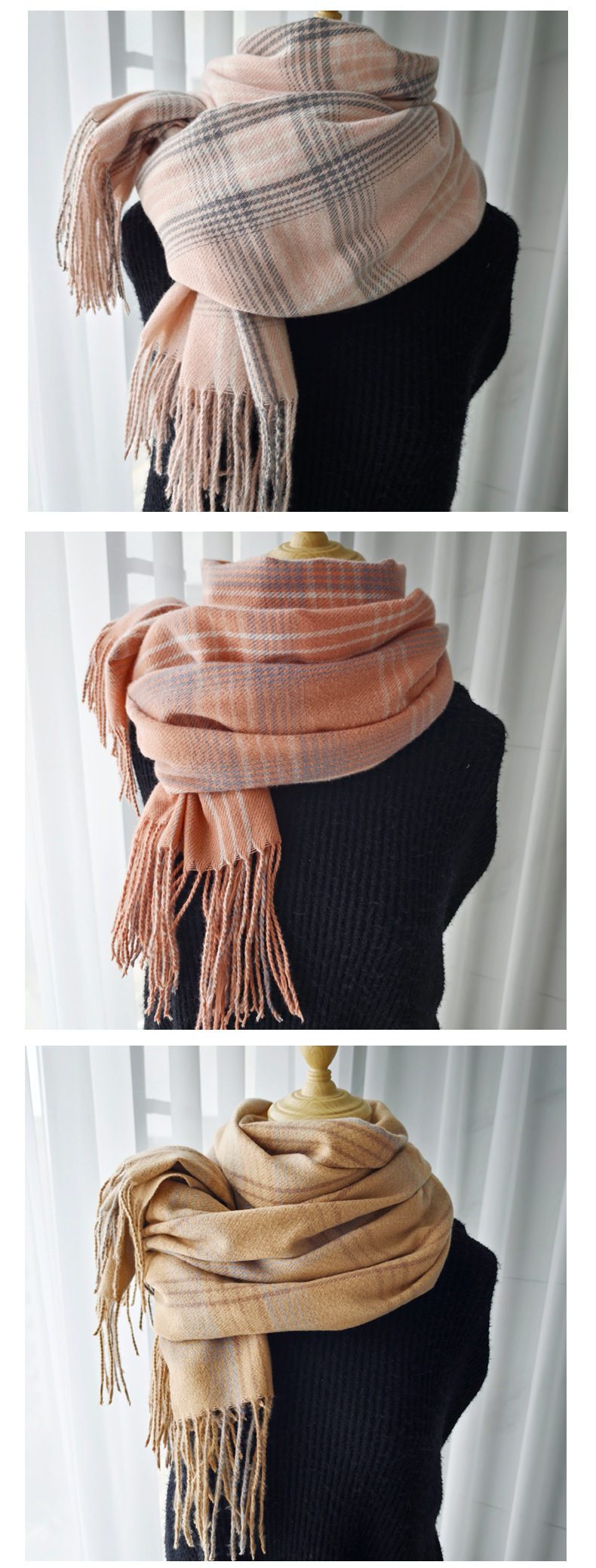 围巾女冬季2024秋冬新款英伦复古格纹围脖韩版仿羊绒保暖披肩批发详情9