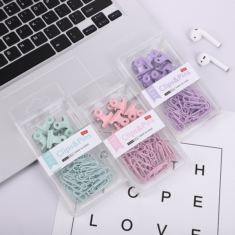 Cross-border 2-in-1 office combo set, macaron-colored paper clip, ticket holder, thumbtack, round head clip, keychain box pic 9