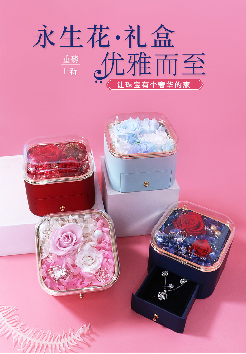 New round corner paint preserved flower gift box, rose real flower necklace, jewelry box, high-transparency acrylic rose pic 2