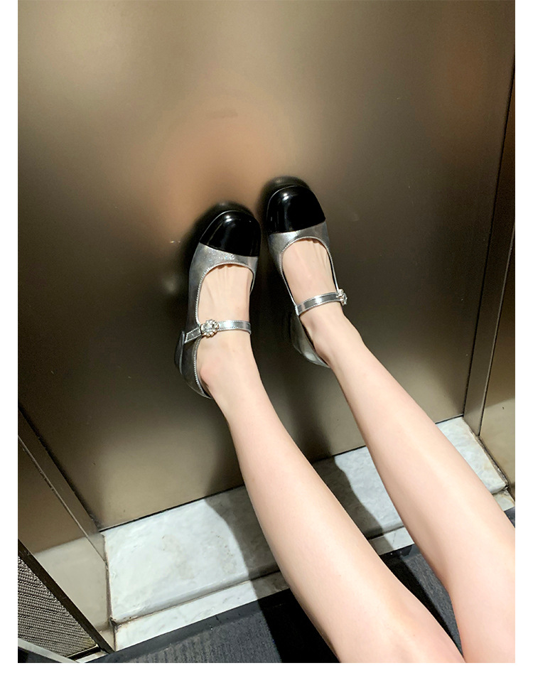 百搭时装真皮女鞋春秋小香风气质单鞋子法式玛丽珍鞋女高跟鞋粗跟详情36