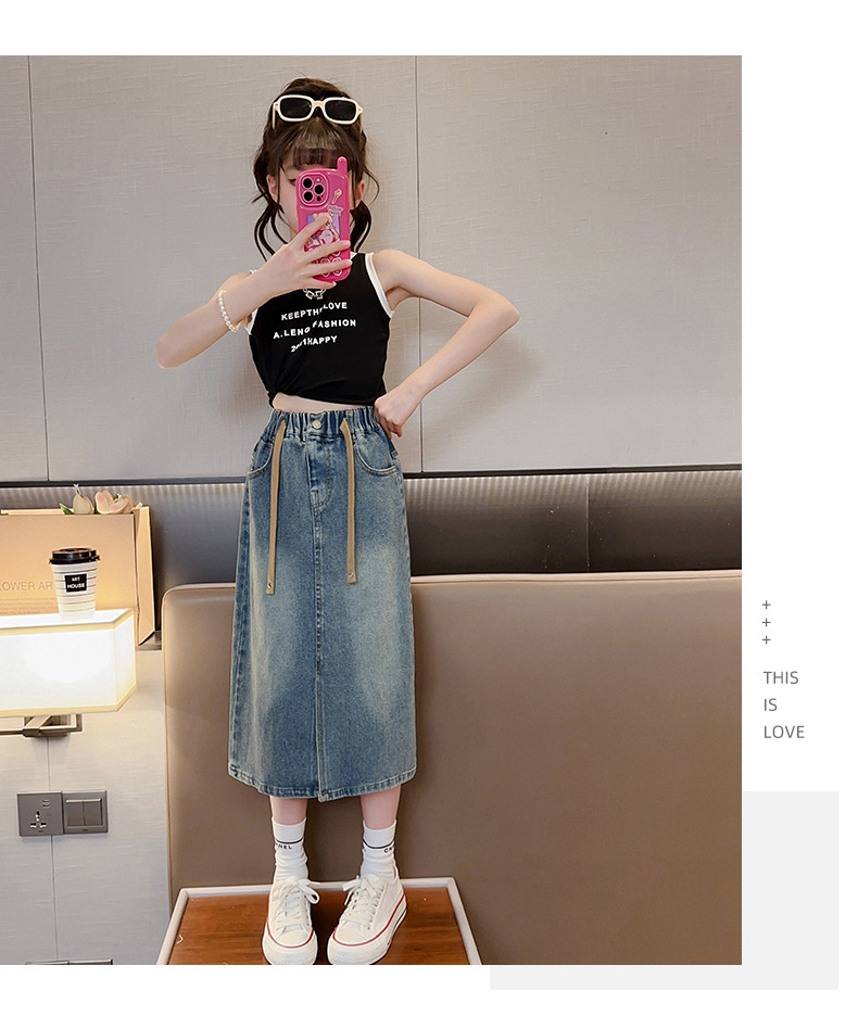 女童牛仔半身裙2023春秋新款中大童长裙儿童洋气开叉裙子童装潮详情12