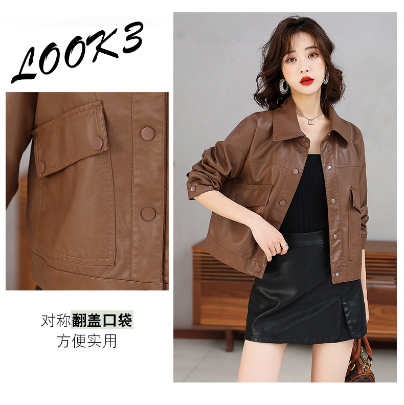 2022春秋装新款女式PU皮衣时尚翻领单排扣小个子帅气机车服短外套详情24