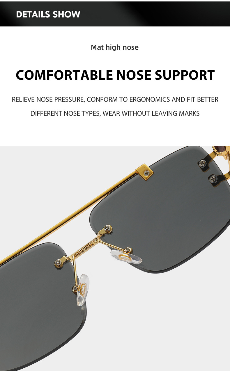 无边框太阳镜女复古方框木纹腿墨镜男ins潮双梁防紫外线太阳眼镜详情9