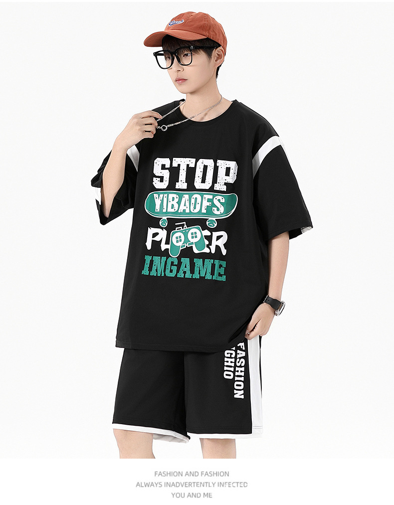 夏季薄款宽松短袖T恤套装批发青少年男初高中生潮流帅气两件套详情10