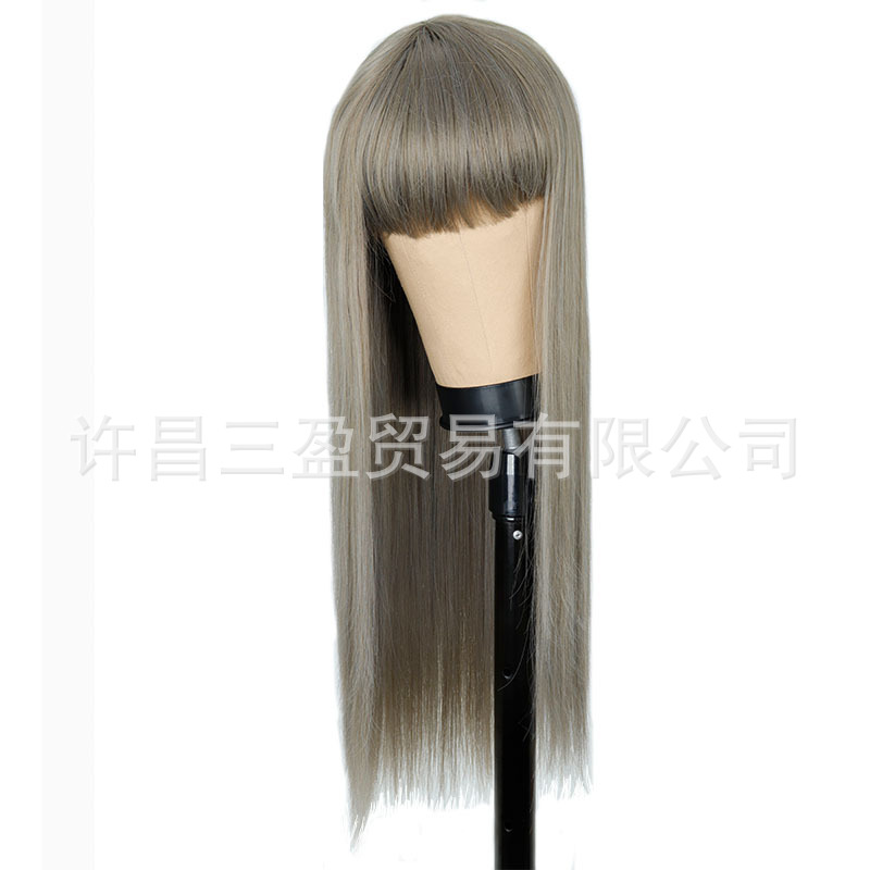 Wholesale of European and American cross-border wigs with straight bangs and long, straight hair made of high-temperature synthetic fiber pic 21