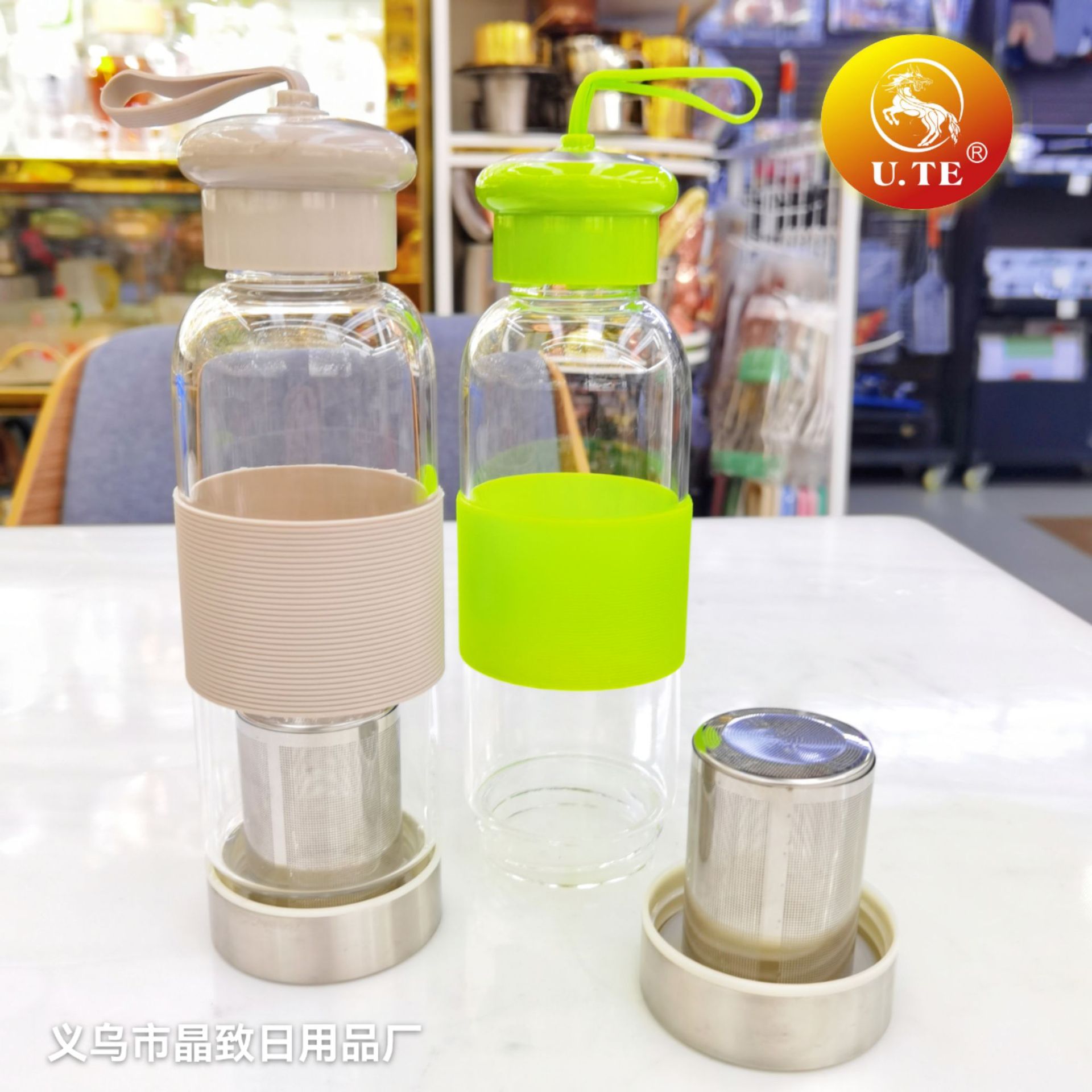 U.TE高硼硅耐热玻璃杯子 创意便携运动带不锈钢过滤网大容量水杯详情2