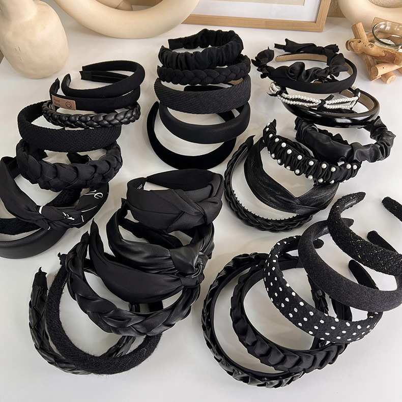 French elegant black hairband, sweet pearl braided hairpin, knitted height-increasing headband, wide-edge hairpin for women pic 9