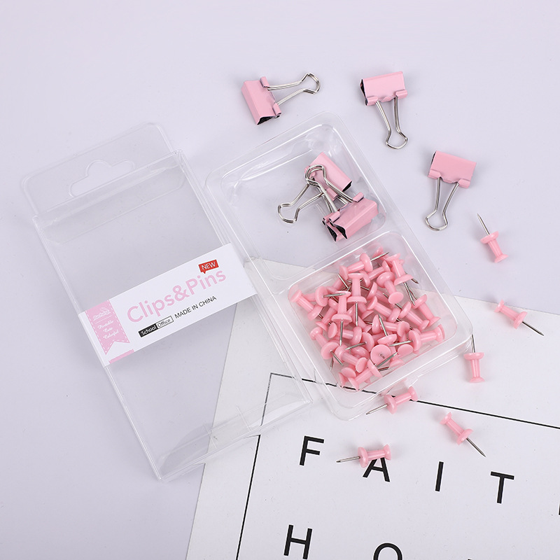 Cross-border 2-in-1 office combo set, macaron-colored large and small paper clip, ticket holder, thumbtack, swallowtail clip, box set pic 2