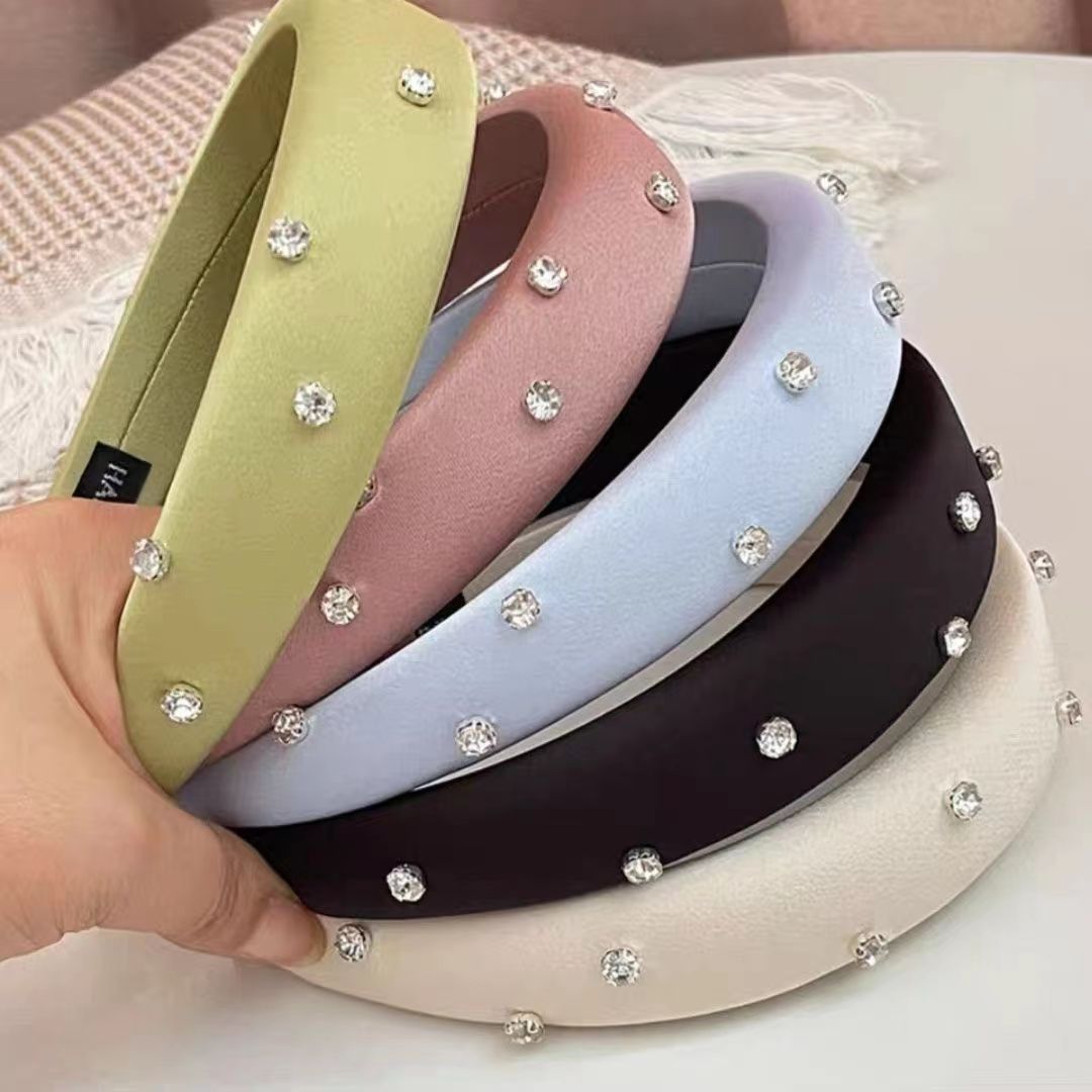 New ins silk satin surface rhinestone pressure headband from Japan and South Korea, high top of the head sponge moisture-making face slimming summer headband hair accessory pic 7