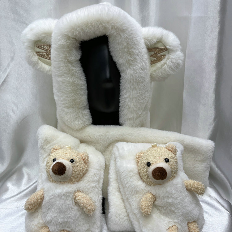 A three-piece warm set featuring a solid color, versatile, cute little bear M ears, hooded gloves and a scarf for women in autumn and winter pic 5