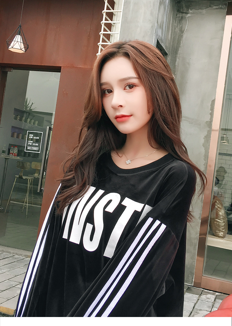 Velvet loose Korean-style hoodie for women, long-sleeved, lettered, laid-back style bf Harajuku jacket top pic 21