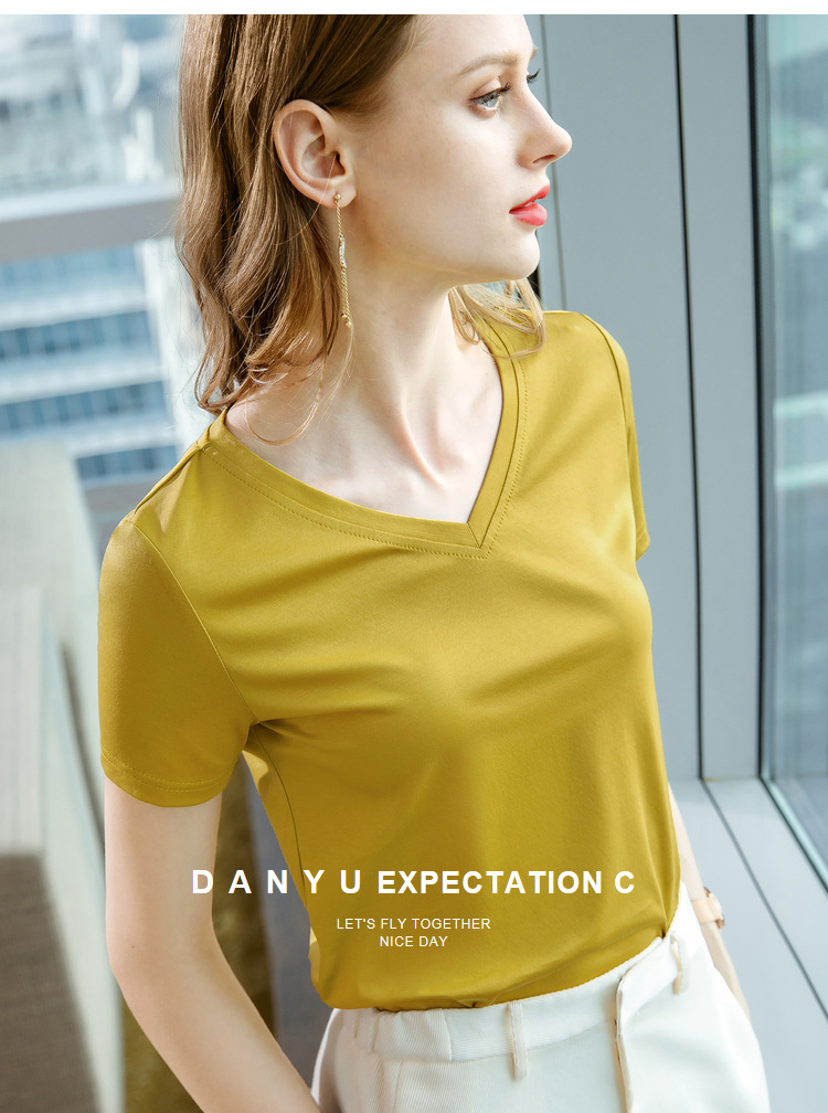 冰感丝光棉短袖t恤女2024新款女装气质v领纯棉体恤纯色高级感上衣详情33