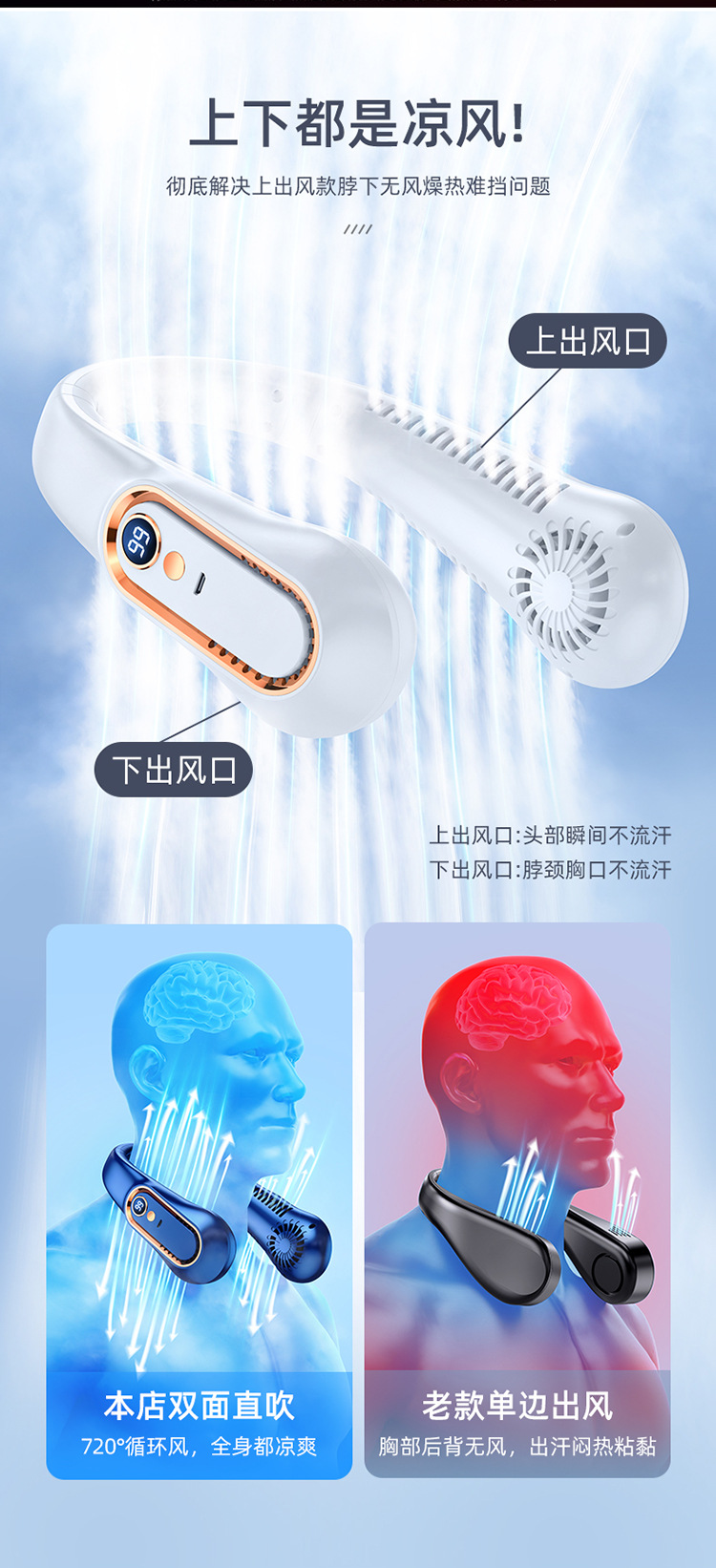 新款挂脖风扇usb充电便携式小风扇学生办公运动数字显示挂脖风扇详情6